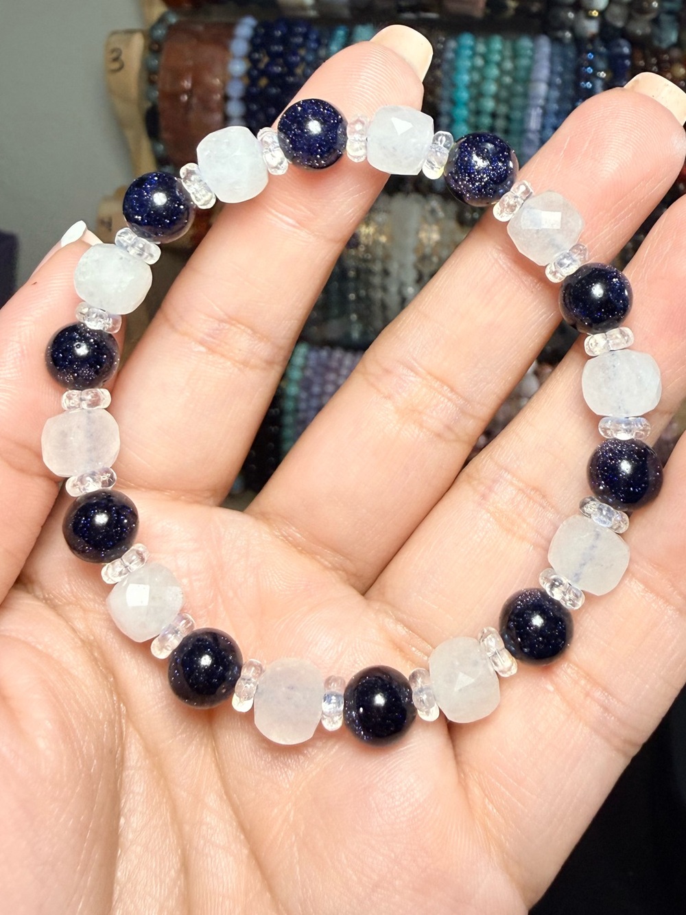 Blue Sandstone & White Quartz Bracelet 8mm Handmade Gemstone